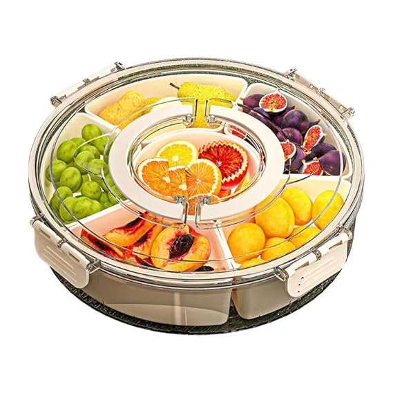 Furret Rotating Snack Storage Containers High Capacity Divided Fruit Veggie Serving Tray with 6 Compartments Portable Snack Box with Lid and Handle for Party Travel Picnic - Image 1