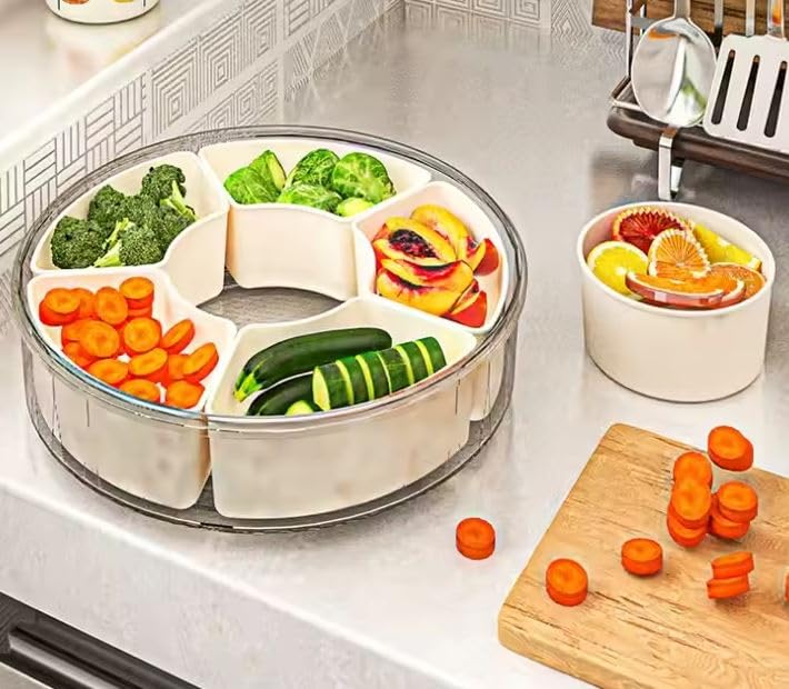 Furret Rotating Snack Storage Containers High Capacity Divided Fruit Veggie Serving Tray with 6 Compartments Portable Snack Box with Lid and Handle for Party Travel Picnic - Image 3