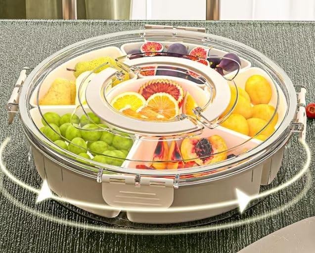 Furret Rotating Snack Storage Containers High Capacity Divided Fruit Veggie Serving Tray with 6 Compartments Portable Snack Box with Lid and Handle for Party Travel Picnic - Image 2