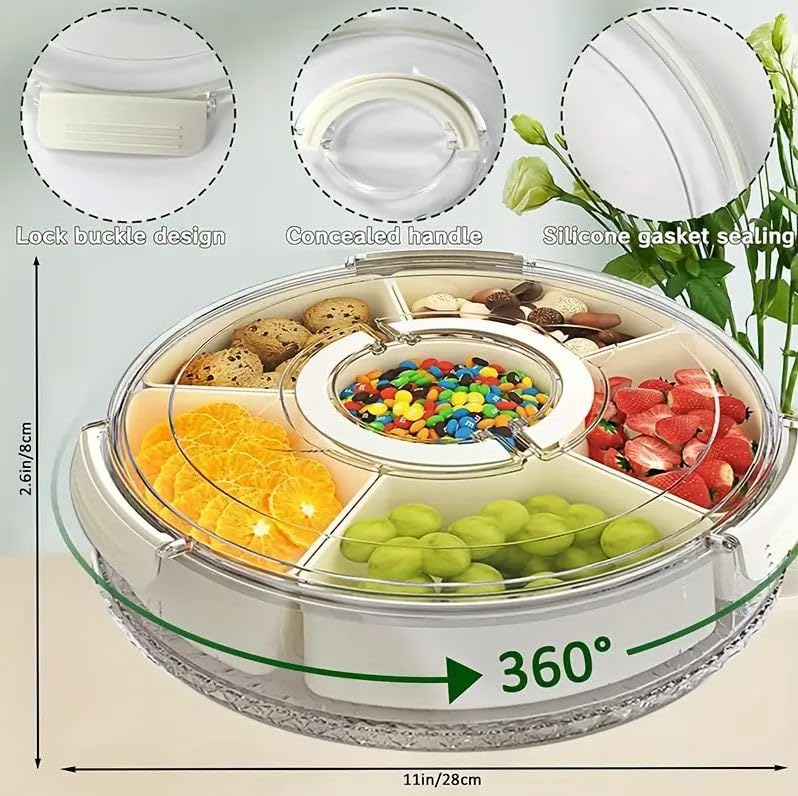 Furret Rotating Snack Storage Containers High Capacity Divided Fruit Veggie Serving Tray with 6 Compartments Portable Snack Box with Lid and Handle for Party Travel Picnic - Image 4