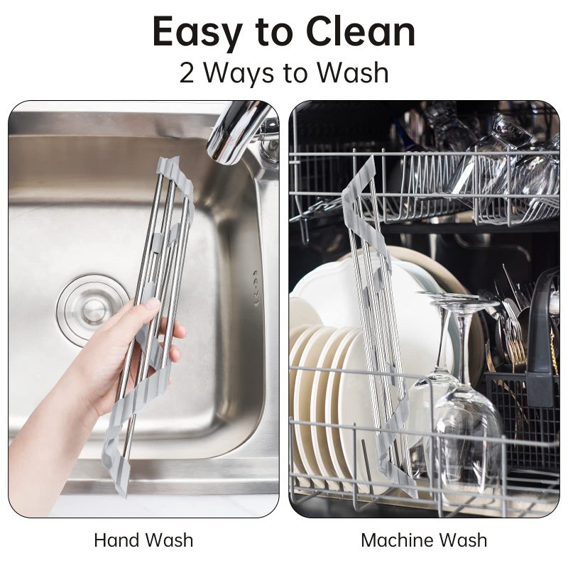 Tomorotec Triangle Roll-Up Dish Drying Rack for Sink Corner Small Foldable Stainless Steel Over The Sink Multipurpose Kitchen Drainer Caddy Organizer Storage Space Saver Shelf Holder (Gray) - Image 5