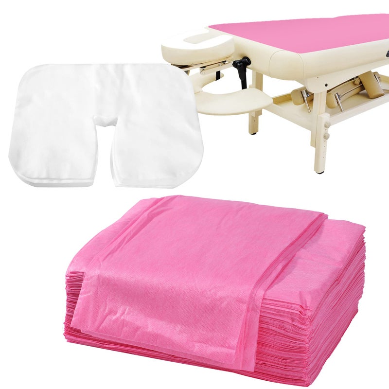 Uralili 100 Pieces Disposable Non Woven Massage Table Sheets Set Include 50 Pieces 31x71 Inches Soft Massage Bed Sheet  11x14 Inches Face Cradle Covers For Massage Beauty Salon  Pink