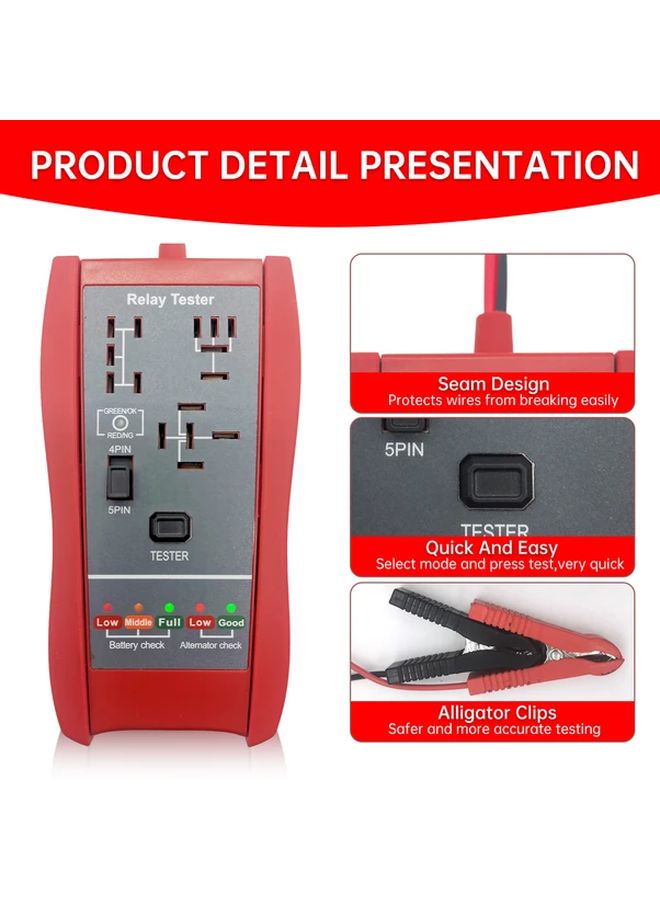 أداة اختبار مرحلة السيارة الحمراء LED 12 فولت، أداة تشخيصية لبطارية ومرحلات السيارات ذات 4 و5 دبابيس - Image 5