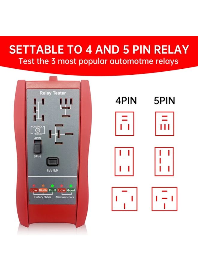 أداة اختبار مرحلة السيارة الحمراء LED 12 فولت، أداة تشخيصية لبطارية ومرحلات السيارات ذات 4 و5 دبابيس - Image 4