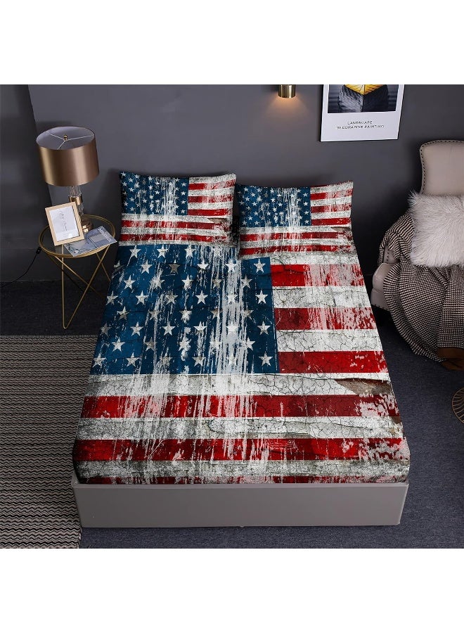 Faeralei Vintage American Flag Fitted Sheet Set 3PCS Stars and Stripes Red White and Blue USA Flag Patriotic Bedding Sheet Set - Image 1