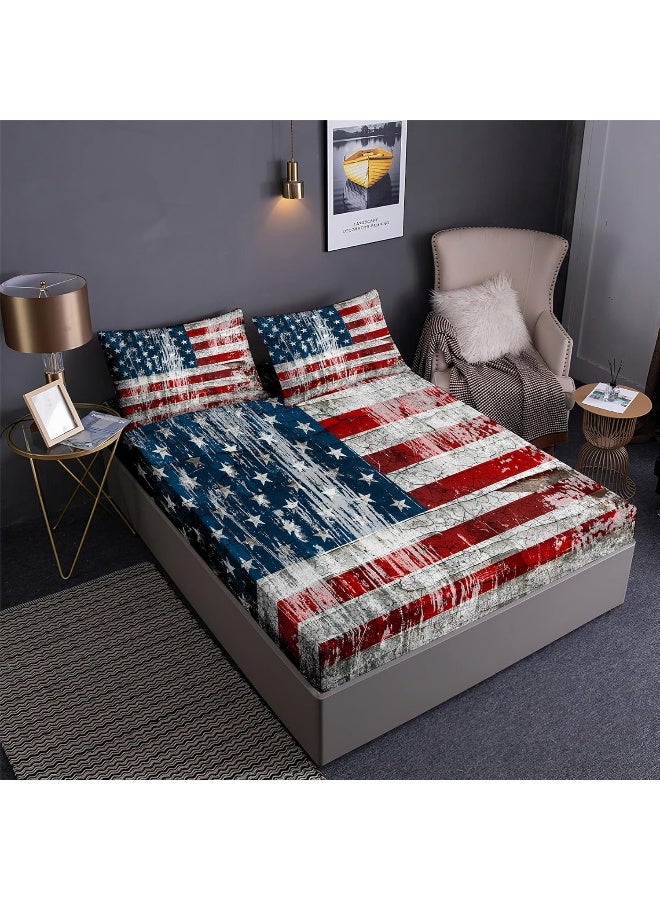 Faeralei Vintage American Flag Fitted Sheet Set 3PCS Stars and Stripes Red White and Blue USA Flag Patriotic Bedding Sheet Set - Image 2