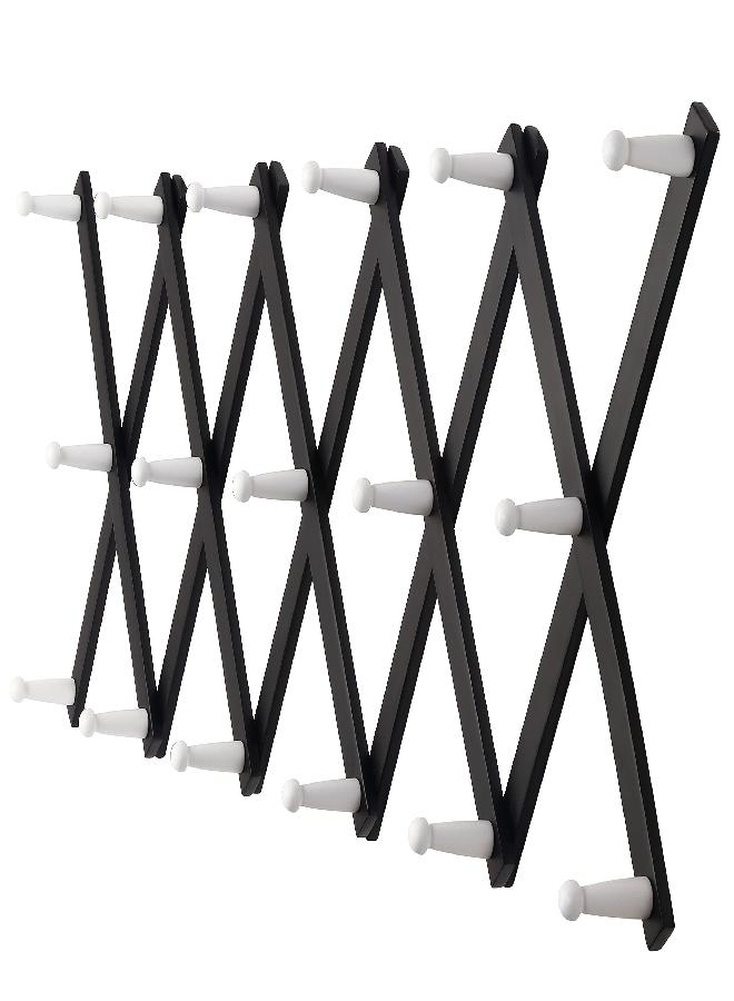 Dseap Dseap Accordian Wall Hanger: 16” High Wooden Wall Expandable Coat Rack, Hat Rack Holder, Accordion Hook for Baseball Caps, Coats, Mugs,17 Peg Hooks, Black & White  - Image 1