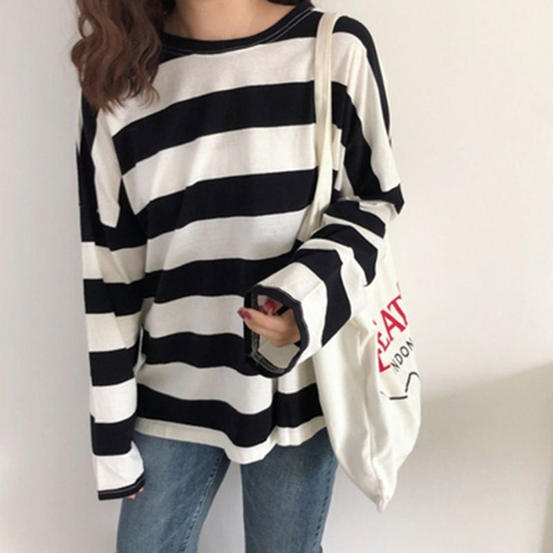 Striped Long-sleeved T-shirt Women's Spring and Autumn Thin Inner Base Shirt 2021 New Internet Celebrity Loose Top Clothes ins Trendy - Image 1