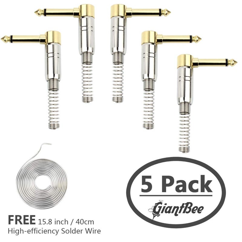 GiantBee 1/4" Audio Plugs 6.35 mm Plug TS Male 1/4'' Solder Type Mono Plug Right Angle Heavy Duty Connector with Buffered Spring for DJ Mixer Speaker Guitar, Phono Patch Cable Microphone Cables (5P) - Image 2