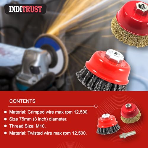 inditrust New Combo of 3inch 75mm Crimped Wire and Twisted M10 Thread Cup Brush with adaptor for 4inch Angle Grinder - Image 3