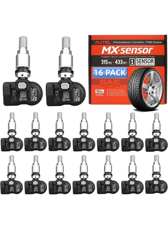 Autel TPMS Sensors MX-Sensor (Metal Valves,Pack of 16 Sensor ) 315Mhz+433 Mhz Sensor Programmable ,Same as OE Sensor, Tire Pressure Sensors Work with TS401 TS408 TS501 TS508 TS508WF TS608 MK808ts - Image 1