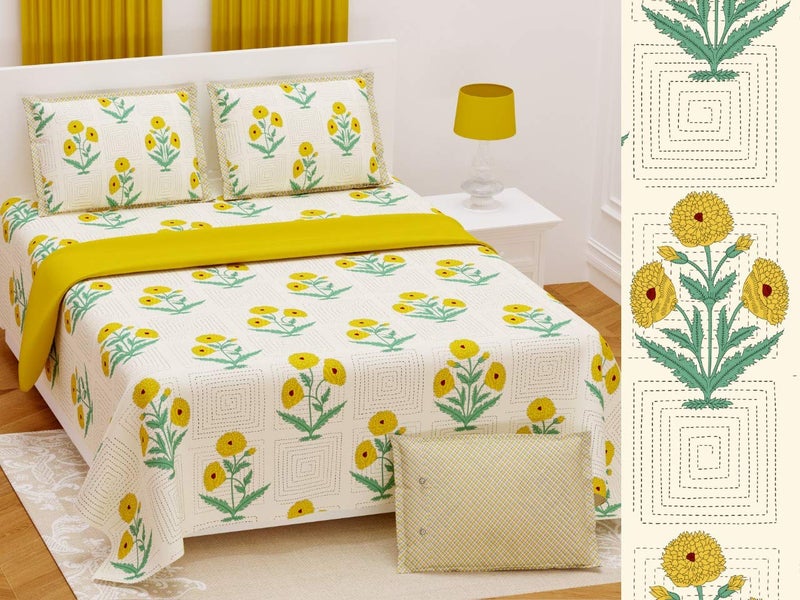 PURE COMFORT 100 Percent Cotton Rajasthani Super King Size Double Bedsheet with 2 Pillow Covers, Super King, Yellow - Image 3