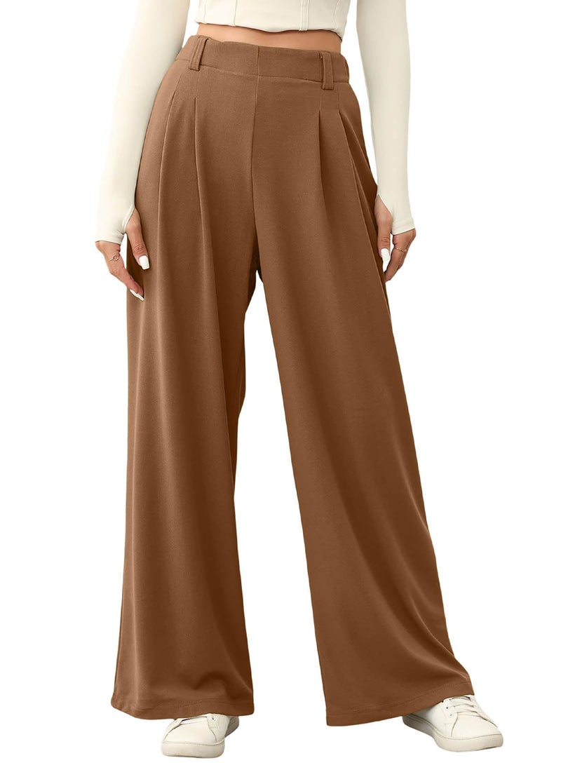 EVALESS Womens Wide Leg Fleece Lined Pants Business Work Casual Trousers 2025 Fall Winter Loose Fit High Waisted Flowy Pants for Women Waffle Knit Warm Slacks with Pockets Brown Medium - Image 1