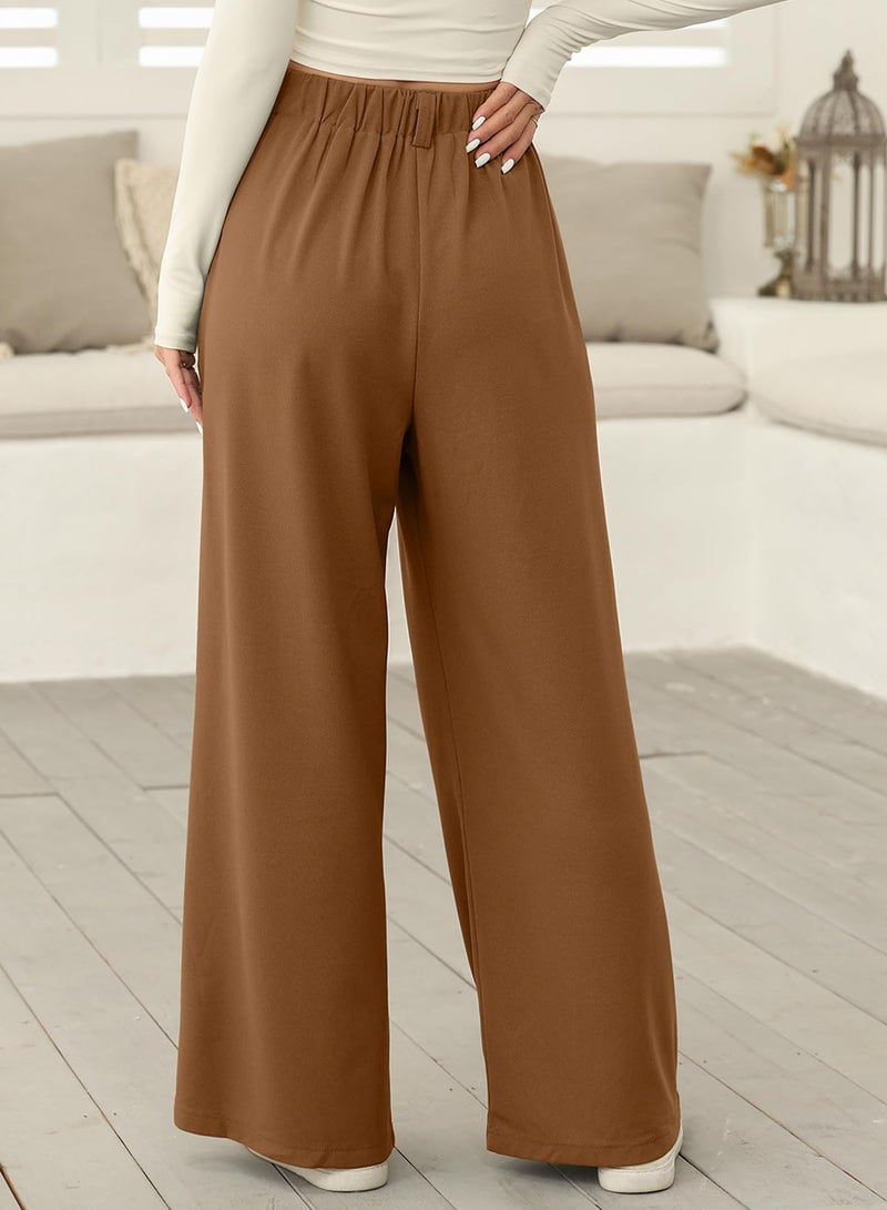 EVALESS Womens Wide Leg Fleece Lined Pants Business Work Casual Trousers 2025 Fall Winter Loose Fit High Waisted Flowy Pants for Women Waffle Knit Warm Slacks with Pockets Brown Medium - Image 2