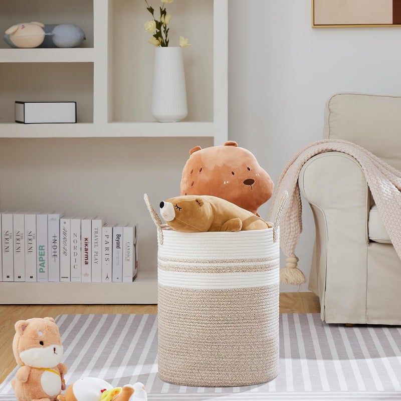 VIPOSCO Large Laundry Hamper, Tall Woven Rope Storage Basket for Blanket, Toys, Dirty Clothes in Living Room, Bathroom, Bedroom - 53L Brown & White - Image 2