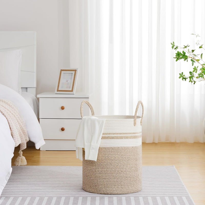 VIPOSCO Large Laundry Hamper, Tall Woven Rope Storage Basket for Blanket, Toys, Dirty Clothes in Living Room, Bathroom, Bedroom - 53L Brown & White - Image 4