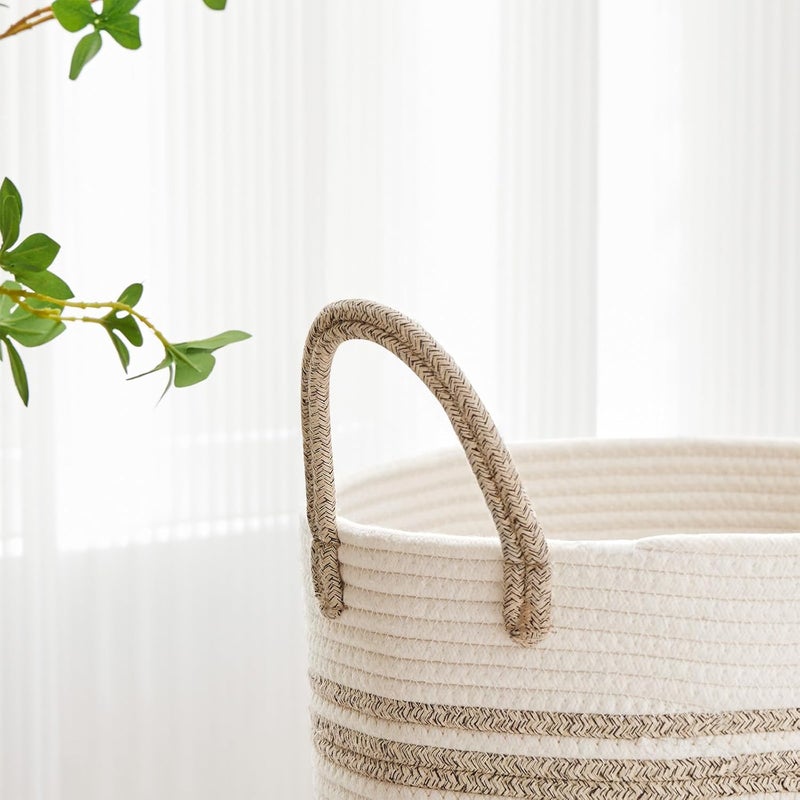 VIPOSCO Large Laundry Hamper, Tall Woven Rope Storage Basket for Blanket, Toys, Dirty Clothes in Living Room, Bathroom, Bedroom - 53L Brown & White - Image 3