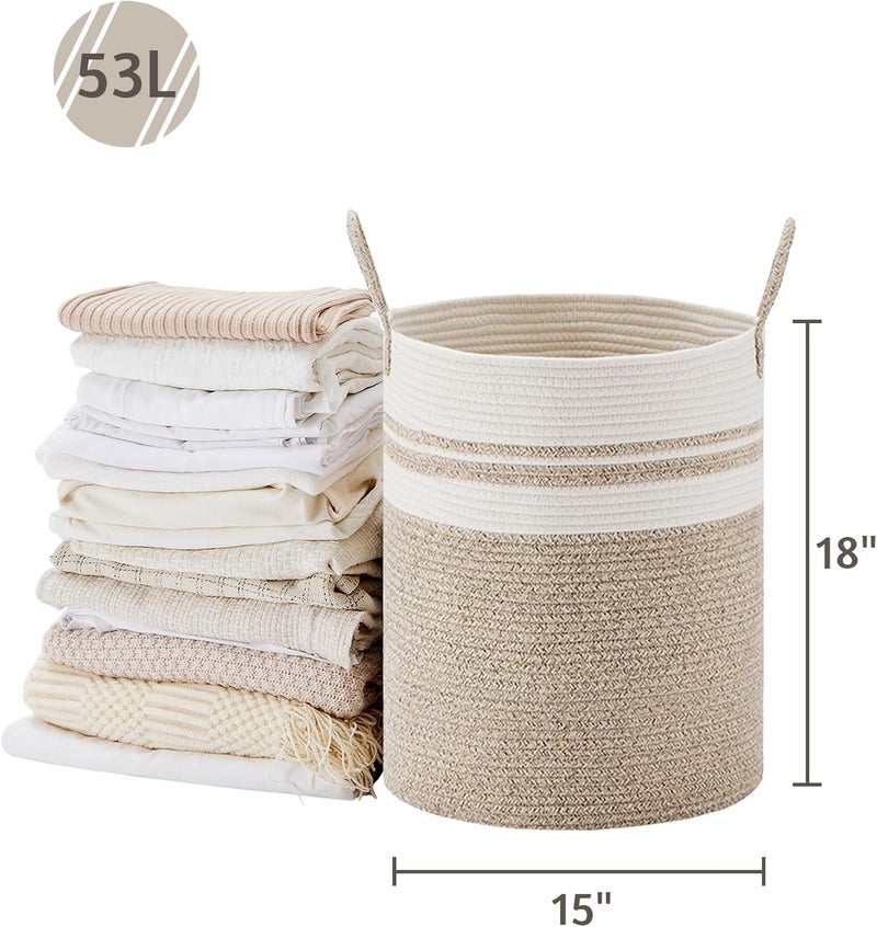 VIPOSCO Large Laundry Hamper, Tall Woven Rope Storage Basket for Blanket, Toys, Dirty Clothes in Living Room, Bathroom, Bedroom - 53L Brown & White - Image 5