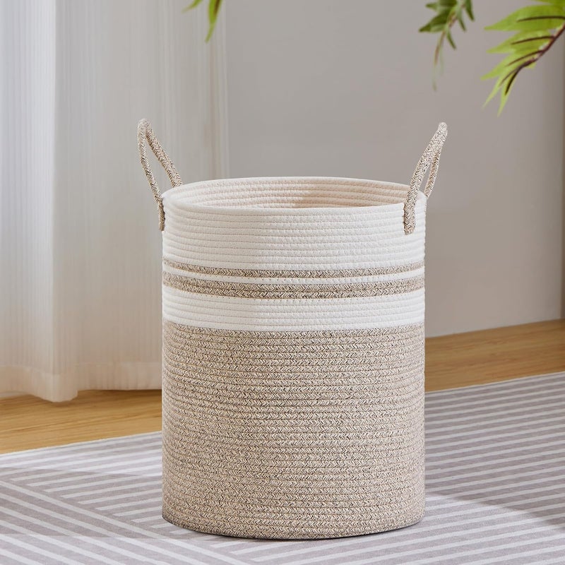VIPOSCO Large Laundry Hamper, Tall Woven Rope Storage Basket for Blanket, Toys, Dirty Clothes in Living Room, Bathroom, Bedroom - 53L Brown & White - Image 1