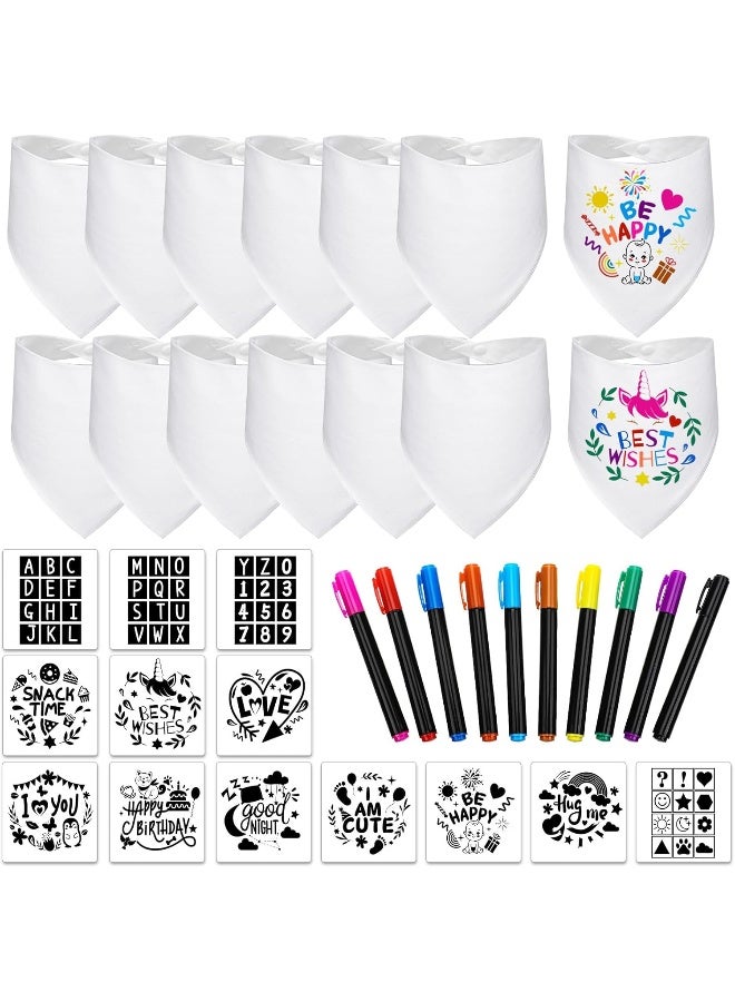 Jutom Jutom 38 Pcs DIY Bandana Bibs Sets Includes 10 Fabric Markers 14 White Baby Bibs 2 Ply Cotton Drool Bibs Plain and 14 Stencils, Baby Shower Game Gifts for Newborn Gender Reveal Party Registry Crafts  - Image 1