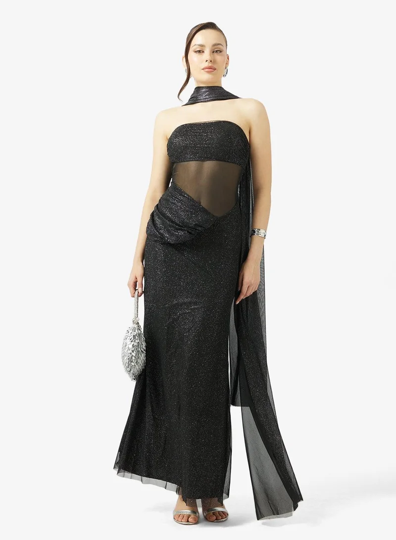 Ginger Boutique  Bandeau Shimmer Draped Dress with Scarf for Women | Best Price UAE
