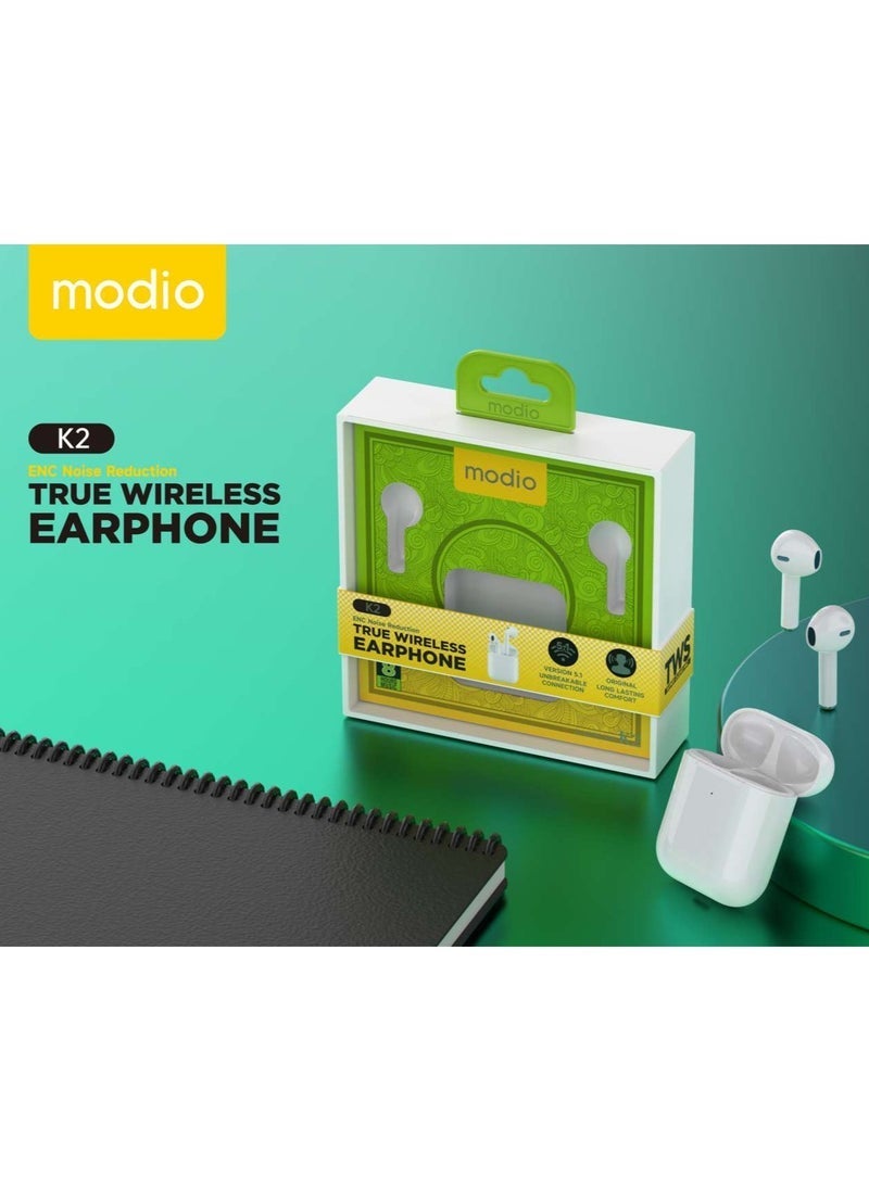 modio K2 True Wireless Earphones With ENC Noise Reduction High Quality Audio Crystal Clear Microphone and Touch Controls Compatible With iPhones and iPads White - Image 2