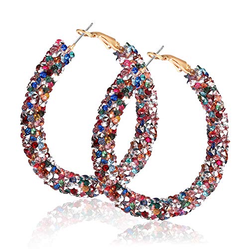 NLCAC Glitter Hoop Earrings Bohemian Sparkle Resin Rhinestone Wrapped Hoop Dangle Earrings for Women (A-rainbow) - Image 1