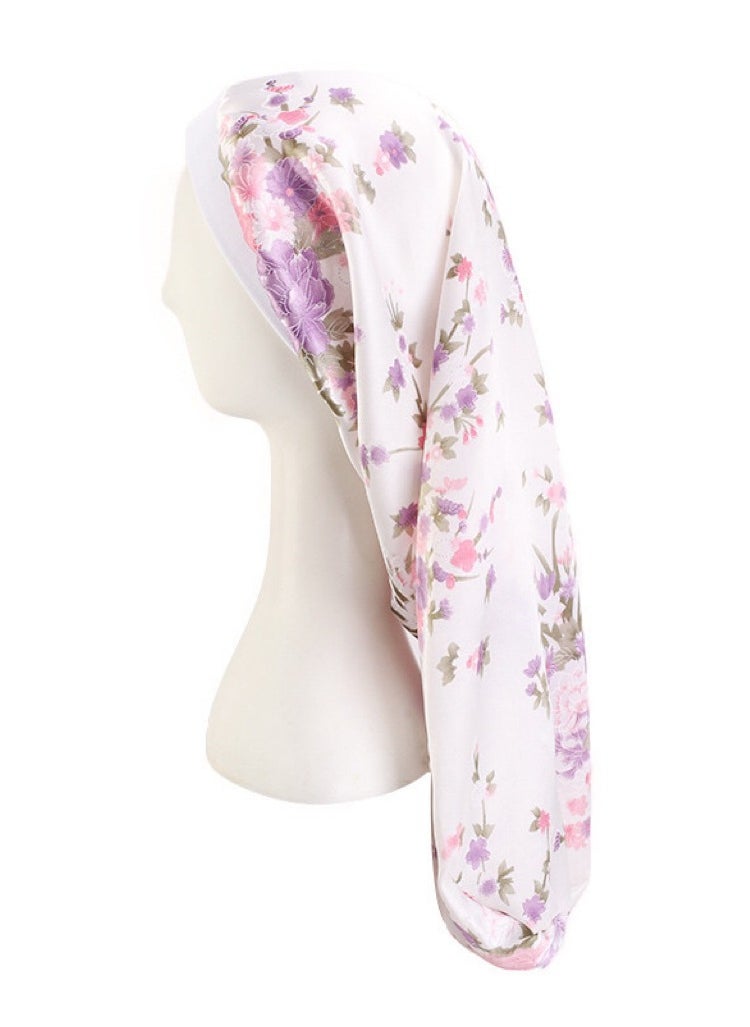 JoyousSto Satin White Floral Nightcap Silk for Natural Hair Long Extra Large Sleepcap for Women Nighttime Use Wide Elastic Band Adjustable Very Soft and Comfortable  - Image 1