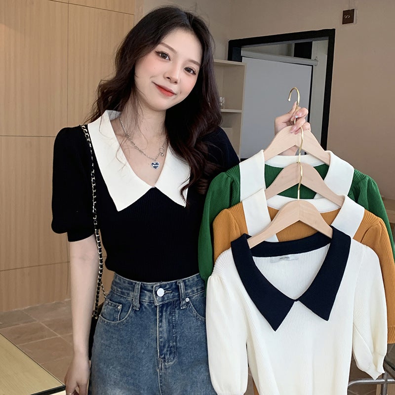 Summer Chic Colorblock Polo Knit Top White  - Image 5