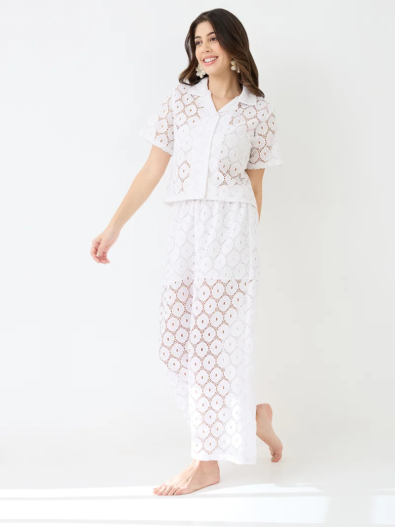 globus Women White Notched Lapel Short Sleeves Crochet Shirt & Wide Leg Trousers Co-Ord Set