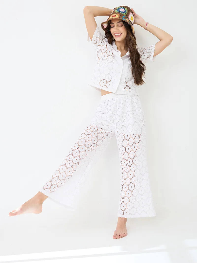 globus Women White Notched Lapel Short Sleeves Crochet Shirt & Wide Leg Trousers Co-Ord Set