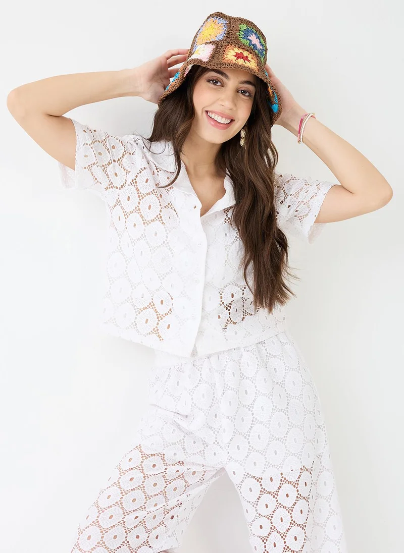 globus Globus Women White Notched Lapel Short Sleeves Crochet Shirt & Wide Leg Trousers Co-Ord Set