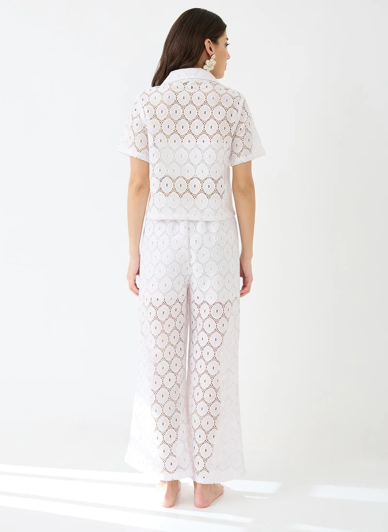 globus Globus Women White Notched Lapel Short Sleeves Crochet Shirt & Wide Leg Trousers Co-Ord Set