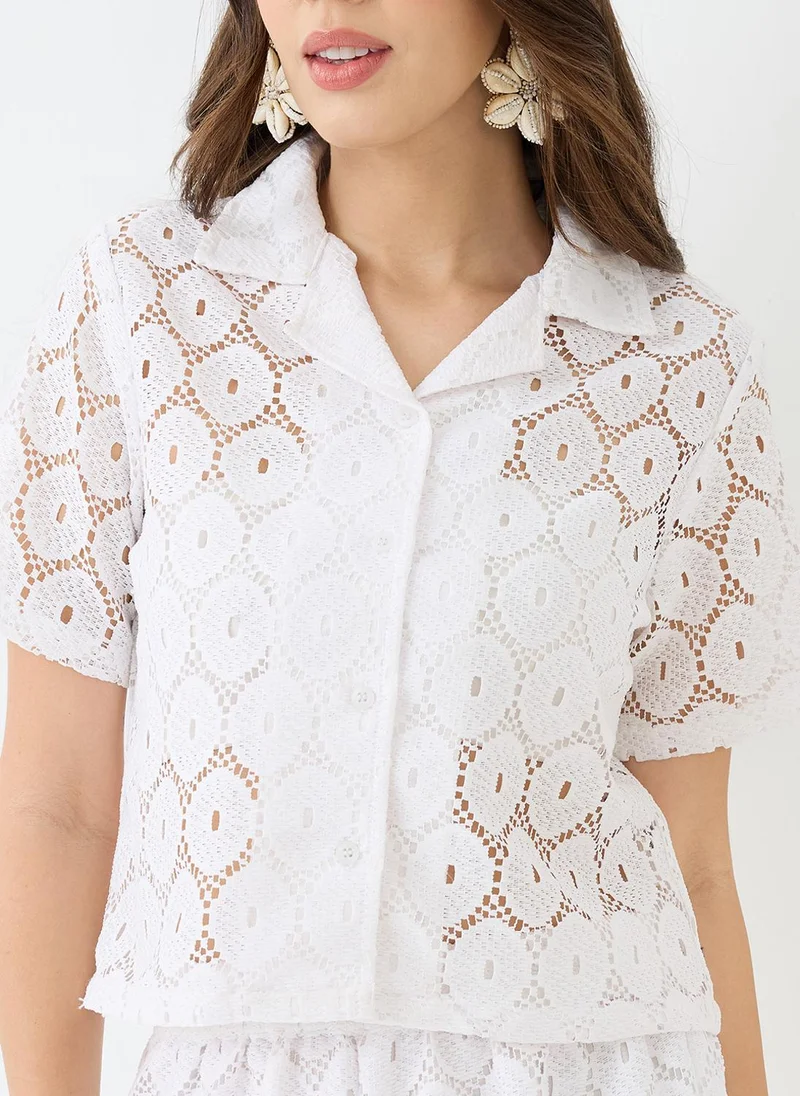 globus Globus Women White Notched Lapel Short Sleeves Crochet Shirt & Wide Leg Trousers Co-Ord Set