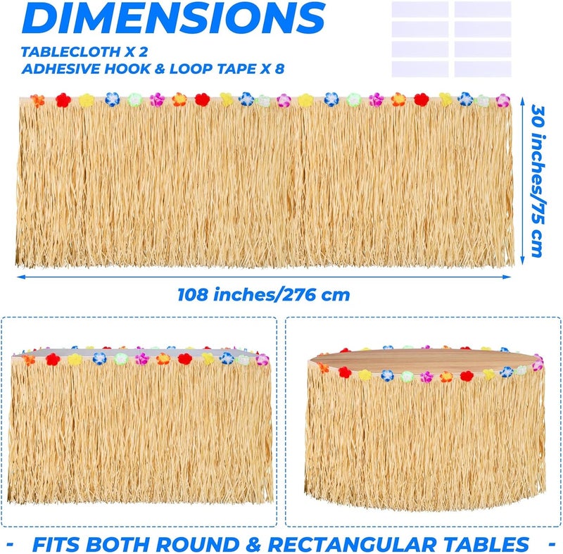 Aodaer 2 Pack Paper Luau Grass Table Skirt with Hibiscus Flowers 9 Feet x 30 Inch Raffia Style Hawaiian Table Skirt Rectangle Tropical Luau Party Decorations for Summer Beach Party, Straw - Image 2