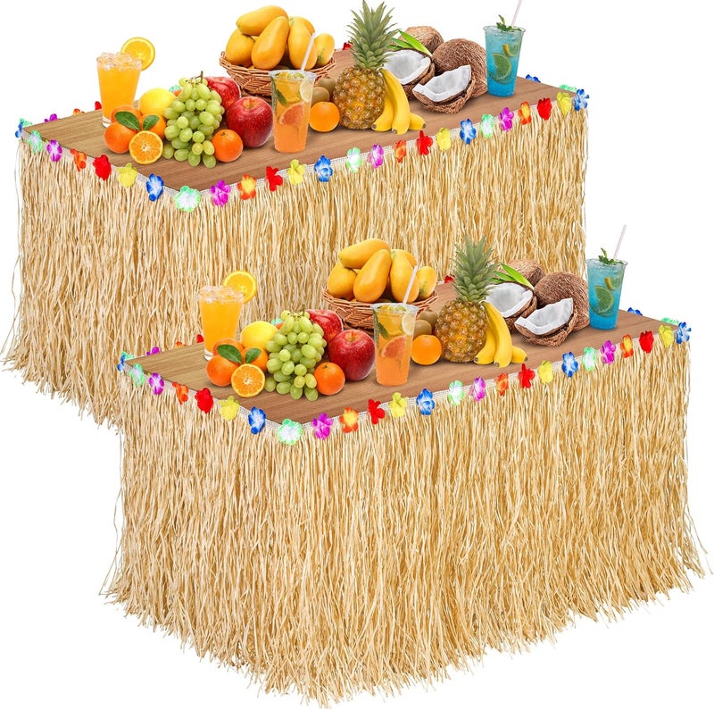 Aodaer 2 Pack Paper Luau Grass Table Skirt with Hibiscus Flowers 9 Feet x 30 Inch Raffia Style Hawaiian Table Skirt Rectangle Tropical Luau Party Decorations for Summer Beach Party, Straw - Image 1