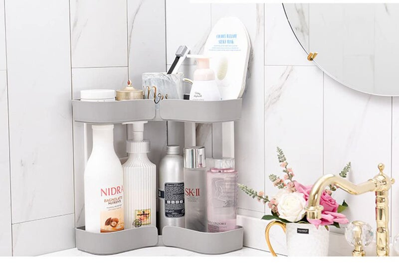 MosQuick® 2 Tier Racks for Storage Multipurpose Corner Shelf Corner Rack L Shaped Bathroom Organiser, Bathroom Shelf for Wall Corner Rack for Kitchen Corner Stand Plastic - Grey - Image 1