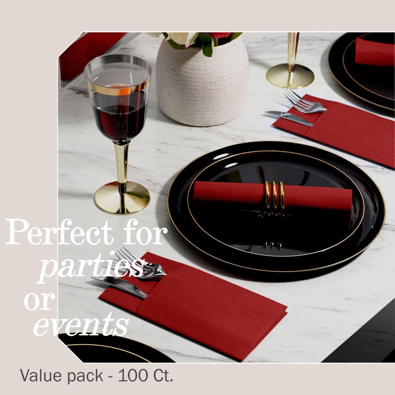 NAPEREE 100-Pack Disposable Napkins With Pocket For Flatware  Burgundy Napkins Paper For Wedding  Dinner Or Party  Built-In Pocket For Silverware  Prefolded - Image 5