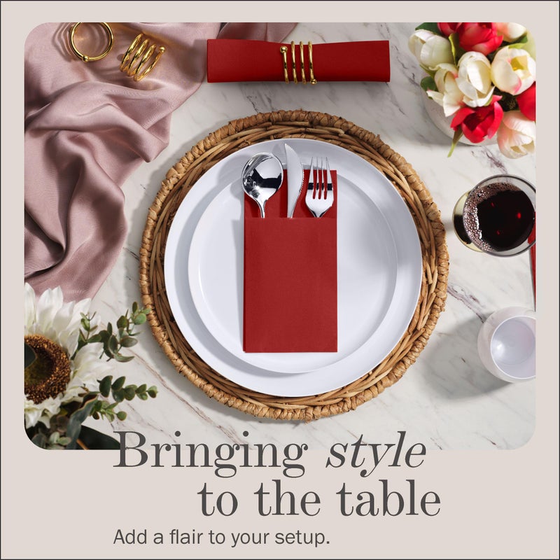 NAPEREE 100-Pack Disposable Napkins With Pocket For Flatware  Burgundy Napkins Paper For Wedding  Dinner Or Party  Built-In Pocket For Silverware  Prefolded - Image 2