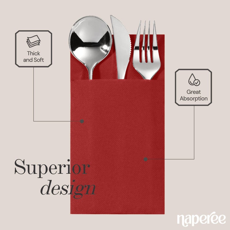NAPEREE 100-Pack Disposable Napkins With Pocket For Flatware  Burgundy Napkins Paper For Wedding  Dinner Or Party  Built-In Pocket For Silverware  Prefolded - Image 3