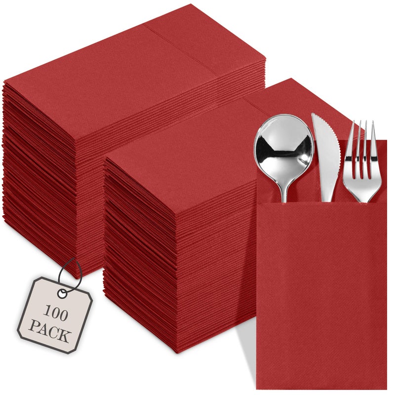 NAPEREE 100-Pack Disposable Napkins With Pocket For Flatware  Burgundy Napkins Paper For Wedding  Dinner Or Party  Built-In Pocket For Silverware  Prefolded - Image 1