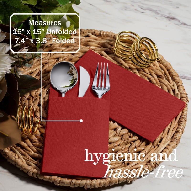 NAPEREE 100-Pack Disposable Napkins With Pocket For Flatware  Burgundy Napkins Paper For Wedding  Dinner Or Party  Built-In Pocket For Silverware  Prefolded - Image 4