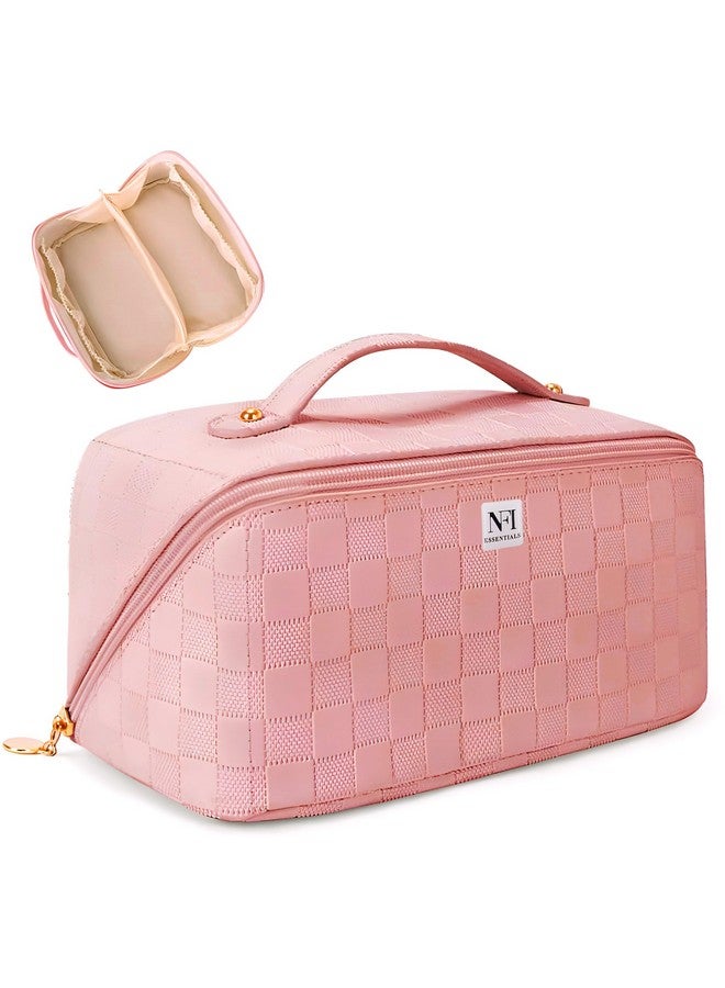 NFI essentials Cosmetic Travel Organizer Bag, Women's Makeup Pouch Toiletry Bag Portable Leather Wide Opening Cosmetics Bag with Handle and Divider - Image 1