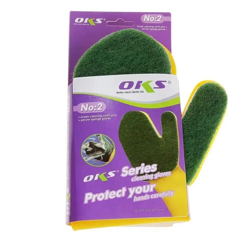 OKS Series Cleaning Gloves With Green Scrubbing Surface And Yellow Sponge For Household Cleaning