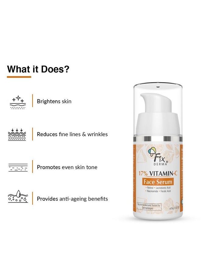 FIXDERMA 17% Vitamin C Face Serum For Glowing Skin | Retinol Face Serum | Skin Brightening Vit C Serum For Women And Men | Anti Aging Night Face Serum | Niacinamide Serum - 15G  - Image 2