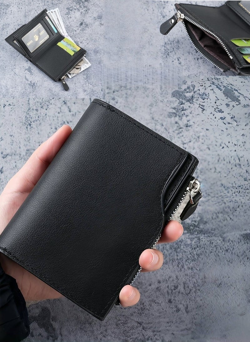 Hiras Tri-Fold Mens Wallet Zipper Short Wallet Soft Leather Wallet Card Holder Black  - Image 1