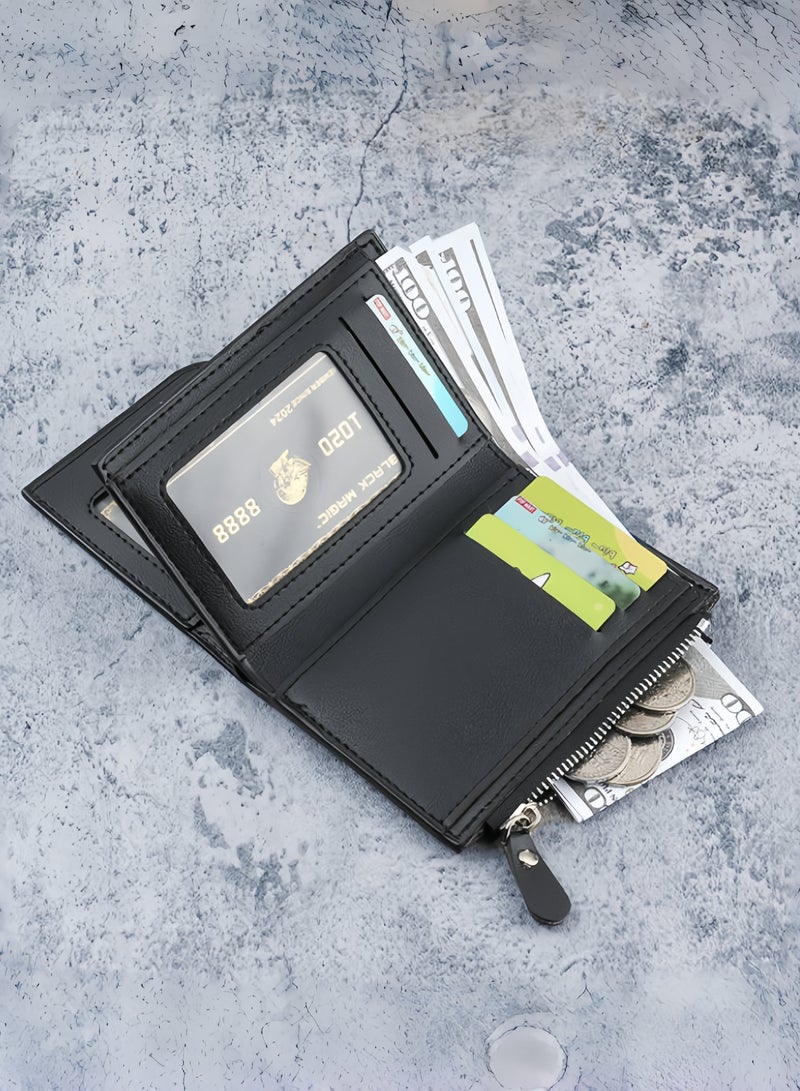 Hiras Tri-Fold Mens Wallet Zipper Short Wallet Soft Leather Wallet Card Holder Black  - Image 4