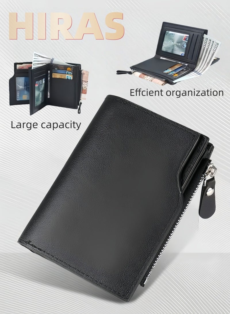 HIRAS Men's Soft PU Leather Tri-Fold Wallet with Zipper - Multi-Card Holder with Driver's License Window Wallet for Men (Black) - Image 1
