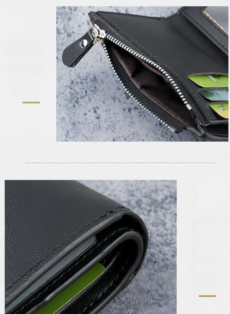 HIRAS Men's Soft PU Leather Tri-Fold Wallet with Zipper - Multi-Card Holder with Driver's License Window Wallet for Men (Black) - Image 3