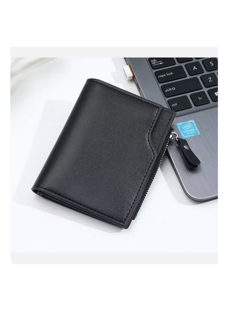 HIRAS Men's Soft PU Leather Tri-Fold Wallet with Zipper - Multi-Card Holder with Driver's License Window Wallet for Men (Black) - Image 4